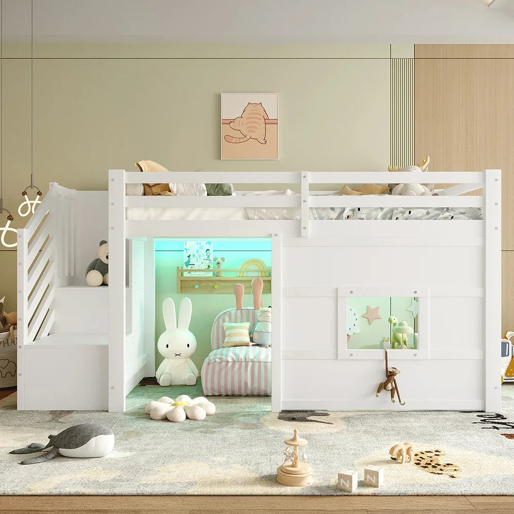 Lit mezzanine escalier fenêtre gain de place 90x200 Lilla Kids