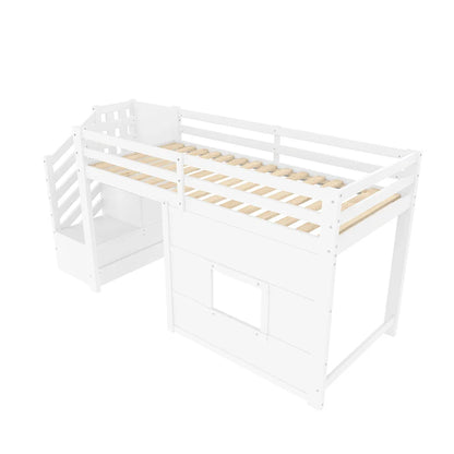 Lit mezzanine escalier fenêtre gain de place 90x200 Lilla Kids