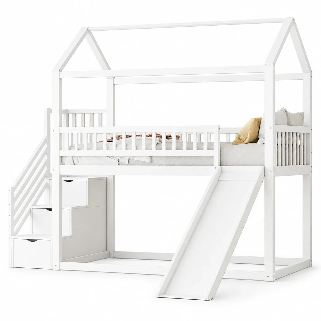 Lit mezzanine toboggan avec échelle de rangement Lilla Kids