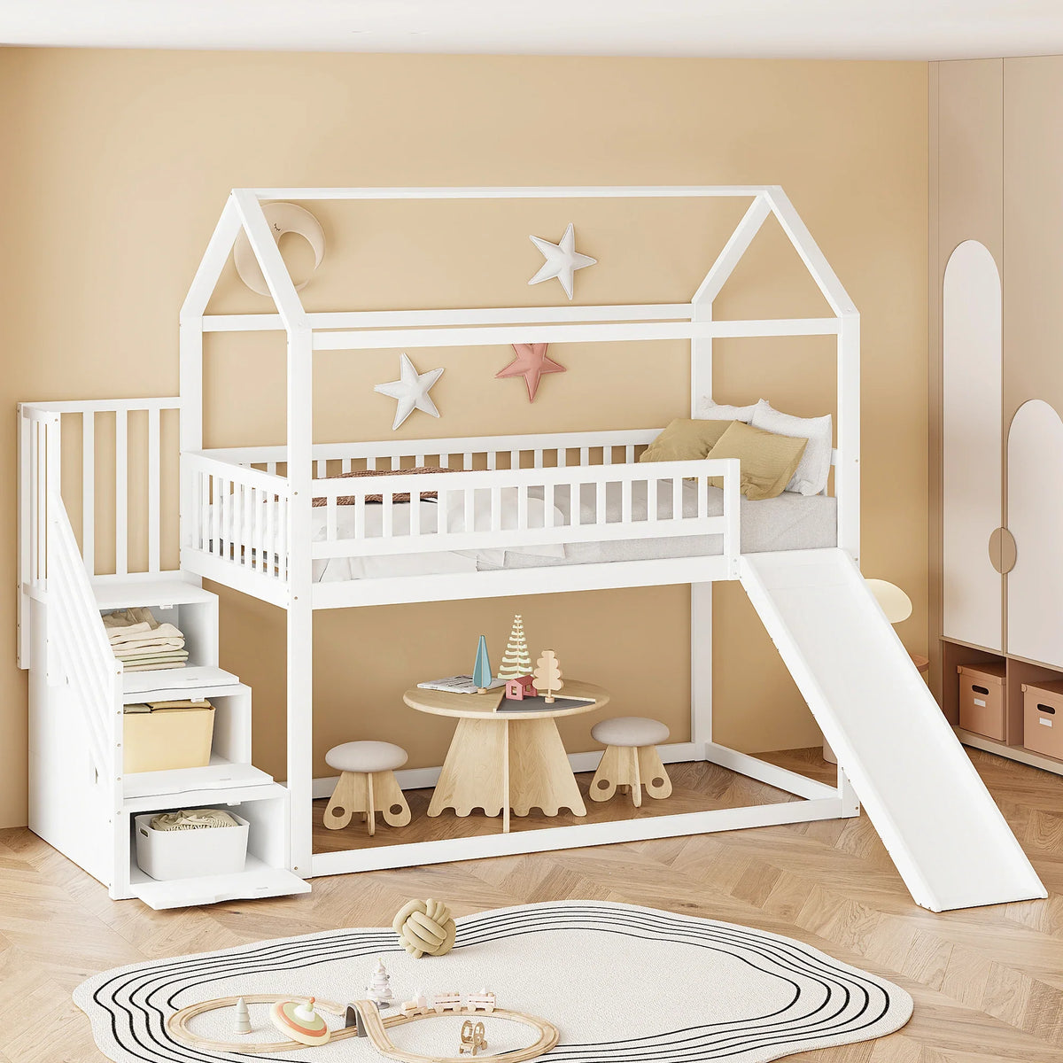 Lit mezzanine toboggan avec échelle de rangement Lilla Kids