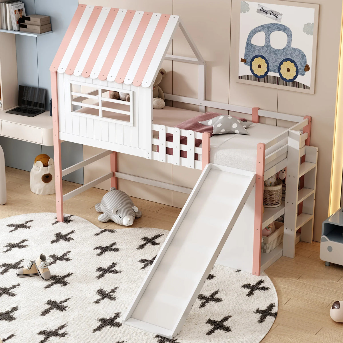 Lit mezzanine toboggan toit multi-rangement 90x200 Lilla Kids