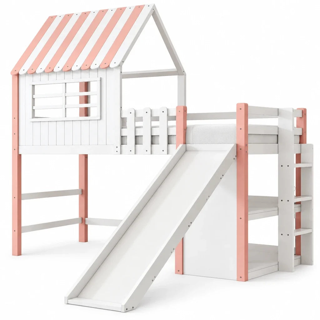 Lit mezzanine toboggan toit multi-rangement 90x200 Lilla Kids