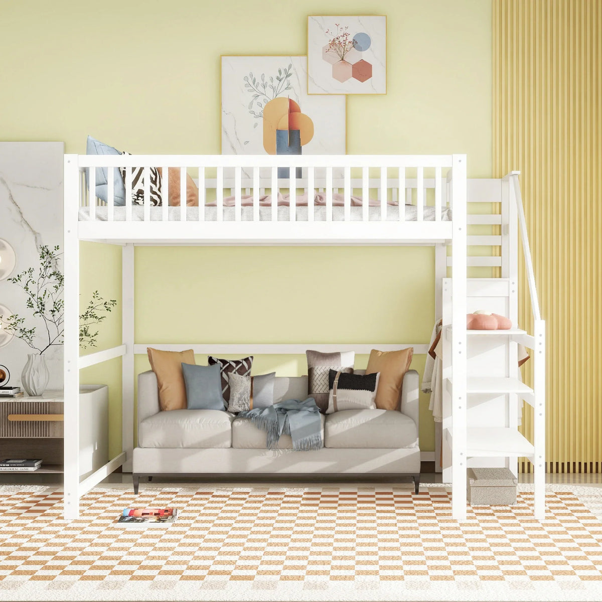 Lit superposé 140x200 escalier étagère et penderie Lilla Kids
