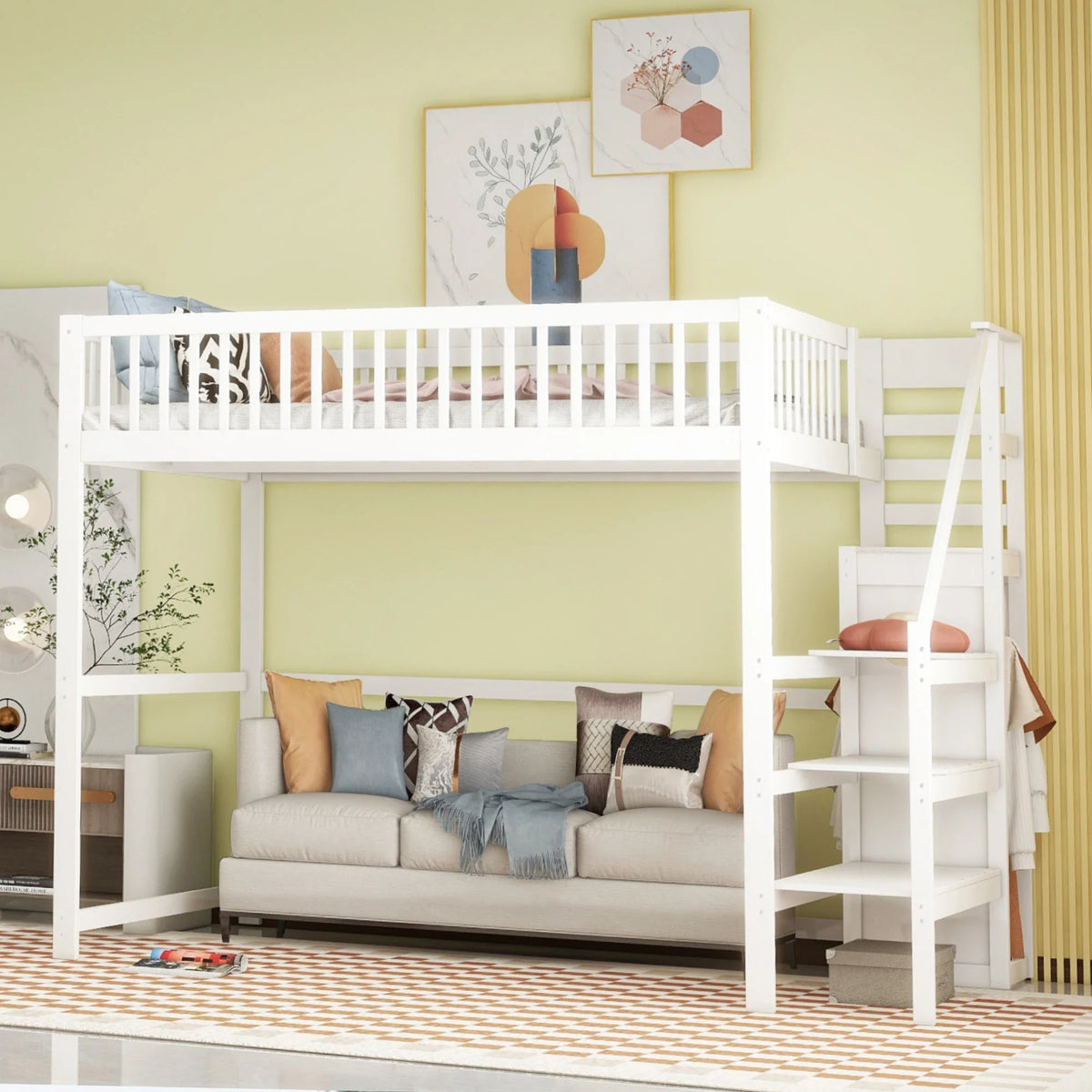 Lit superposé 140x200 escalier étagère et penderie Lilla Kids