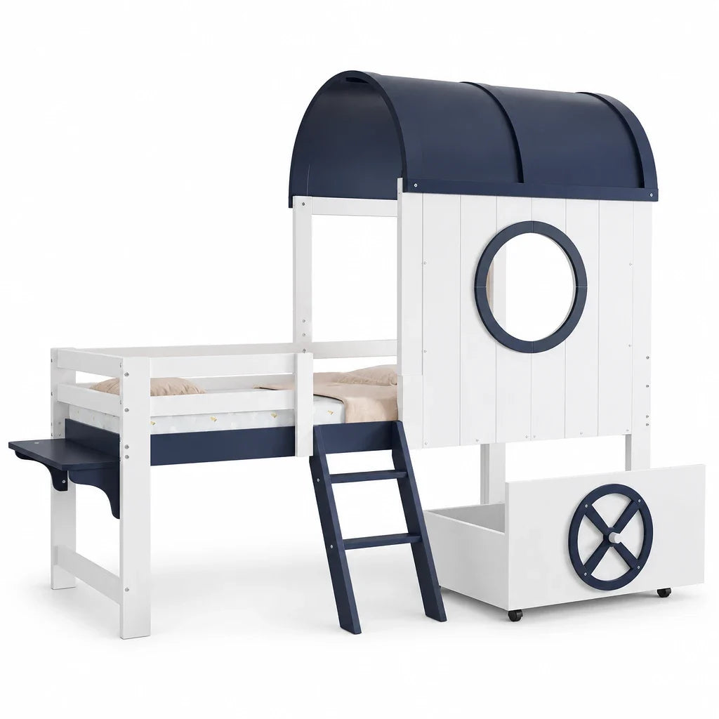 Lit superposé bleu tiroir sur roulettes 90x200 Lilla Kids