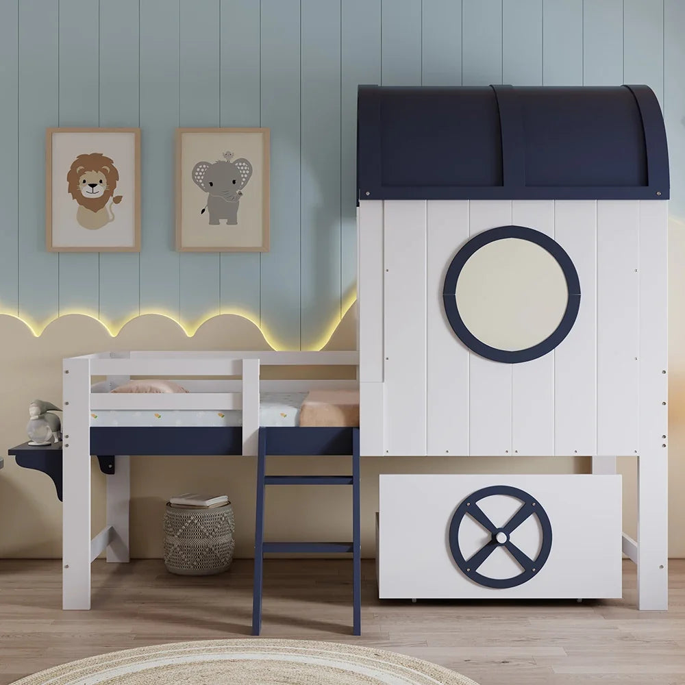 Lit superposé bleu tiroir sur roulettes 90x200 Lilla Kids