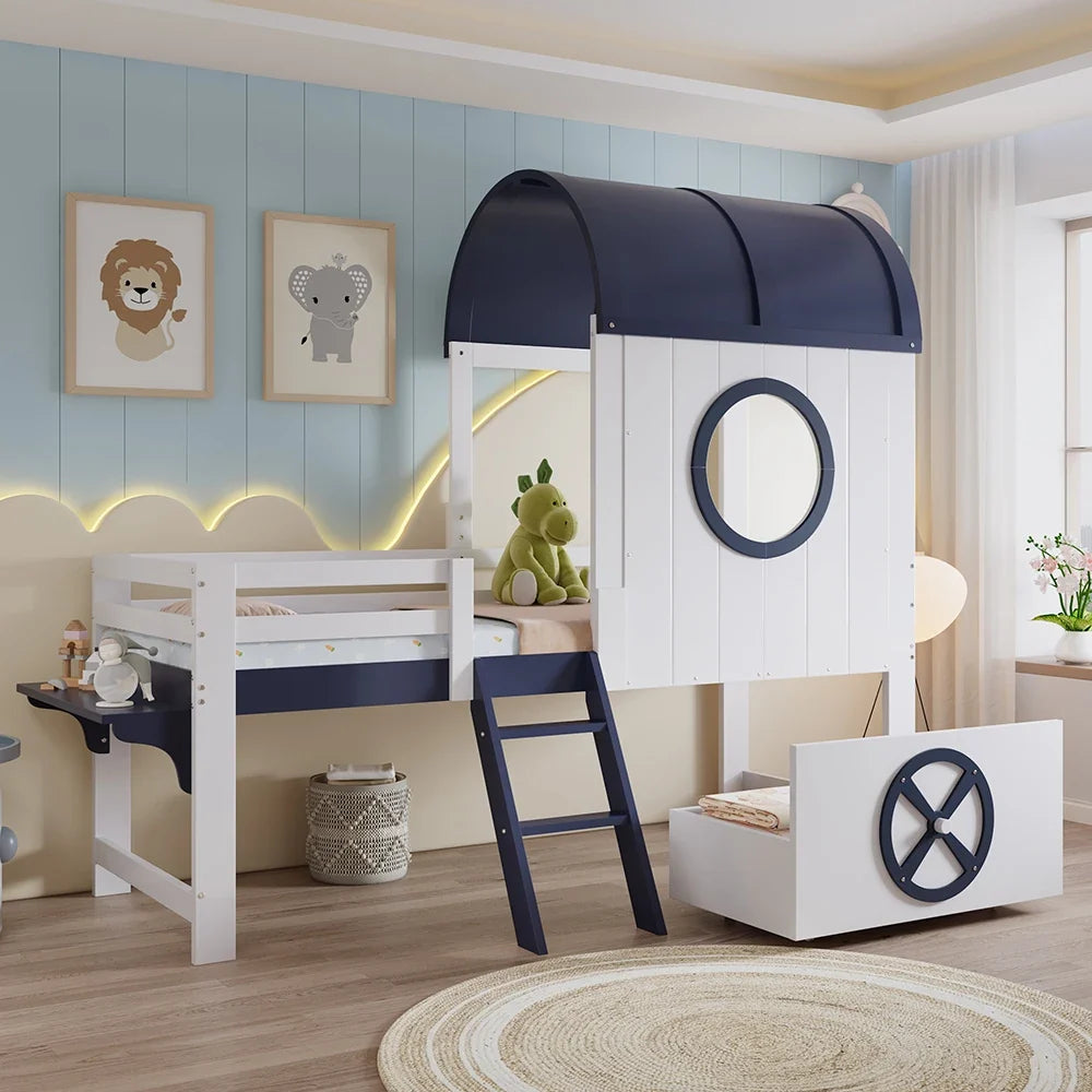 Lit superposé bleu tiroir sur roulettes 90x200 Lilla Kids