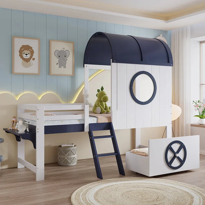 Lit superposé bleu tiroir sur roulettes 90x200 Lilla Kids