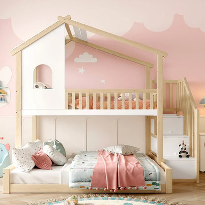 Lit superposé cabane escalier bois et blanc 90/140 Lilla Kids