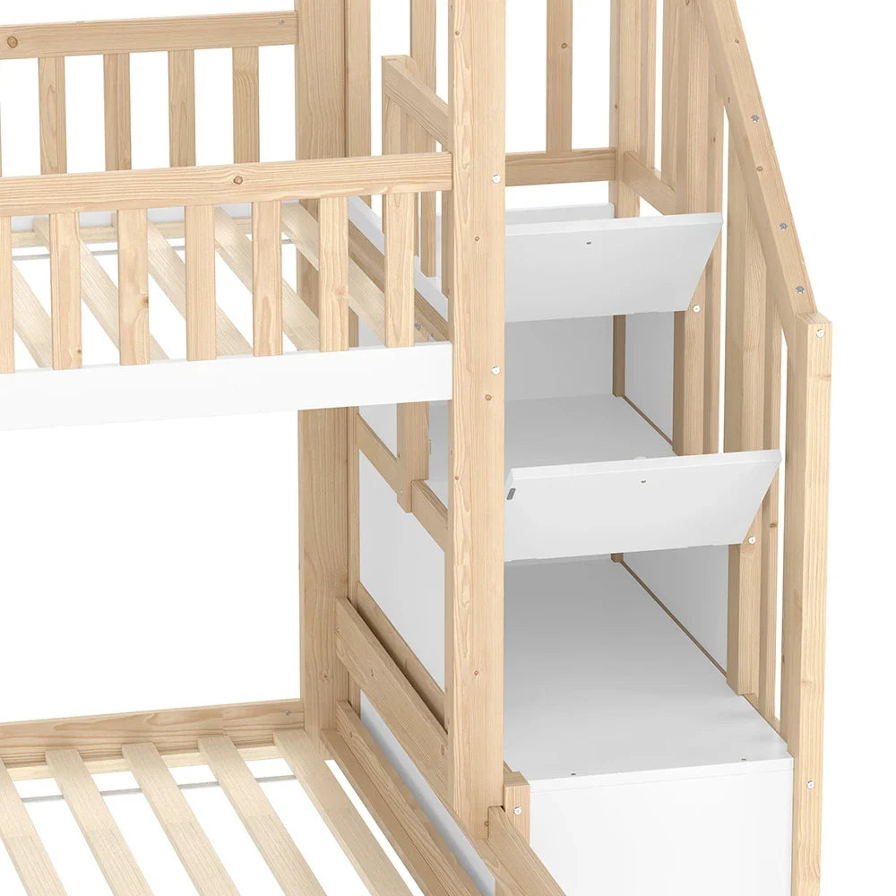 Lit superposé cabane escalier bois et blanc 90/140 Lilla Kids