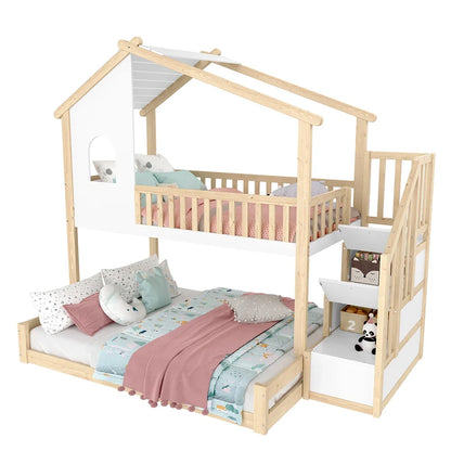 Lit superposé cabane escalier bois et blanc 90/140 Lilla Kids