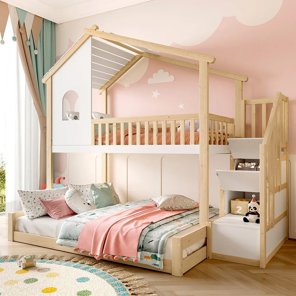 Lit superposé cabane escalier bois et blanc 90/140 Lilla Kids