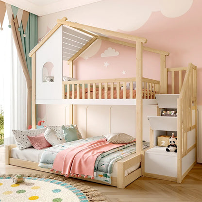 Lit superposé cabane escalier bois et blanc 90/140 Lilla Kids