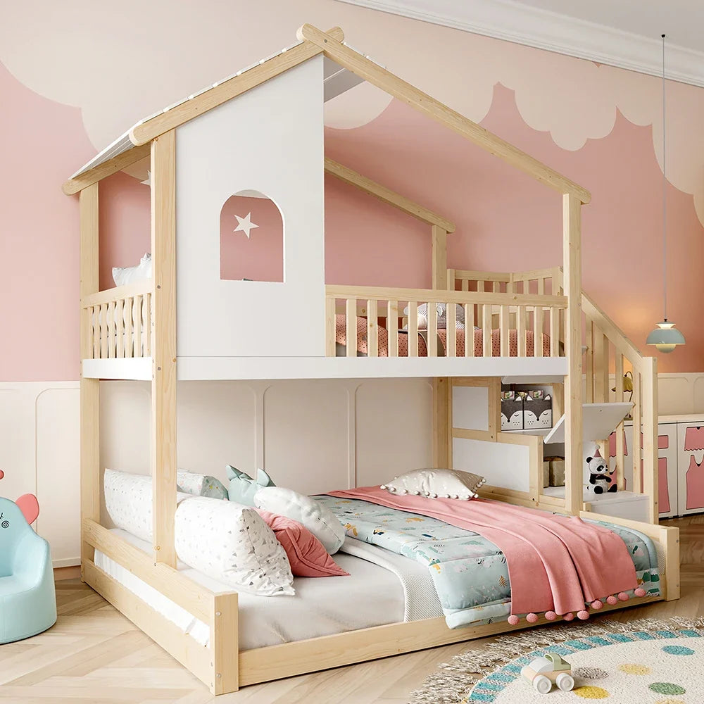 Lit superposé cabane escalier bois et blanc 90/140 Lilla Kids