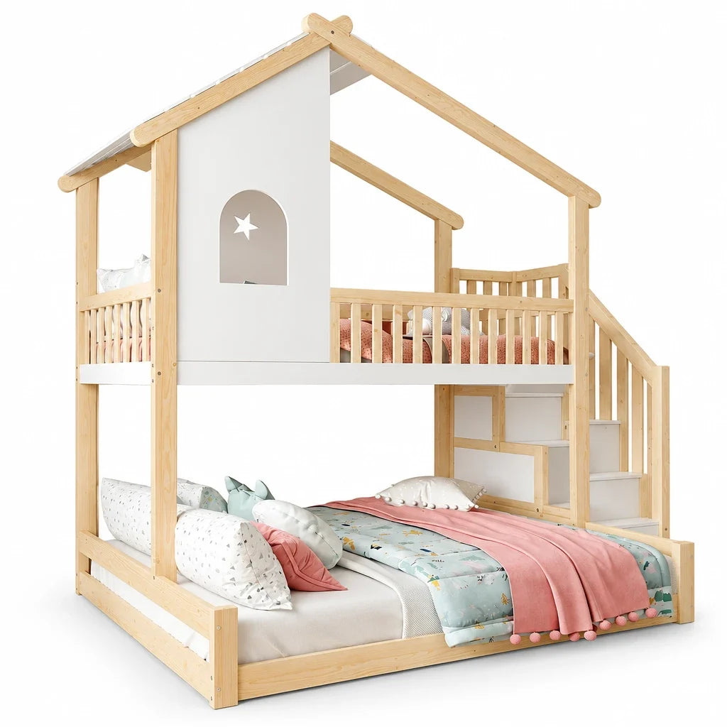 Lit superposé cabane escalier bois et blanc 90/140 Lilla Kids