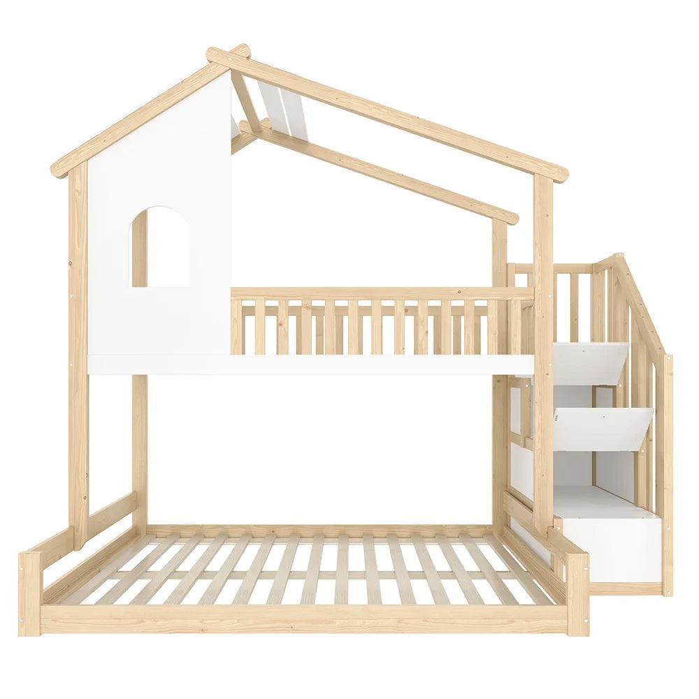 Lit superposé cabane escalier bois et blanc 90/140 Lilla Kids