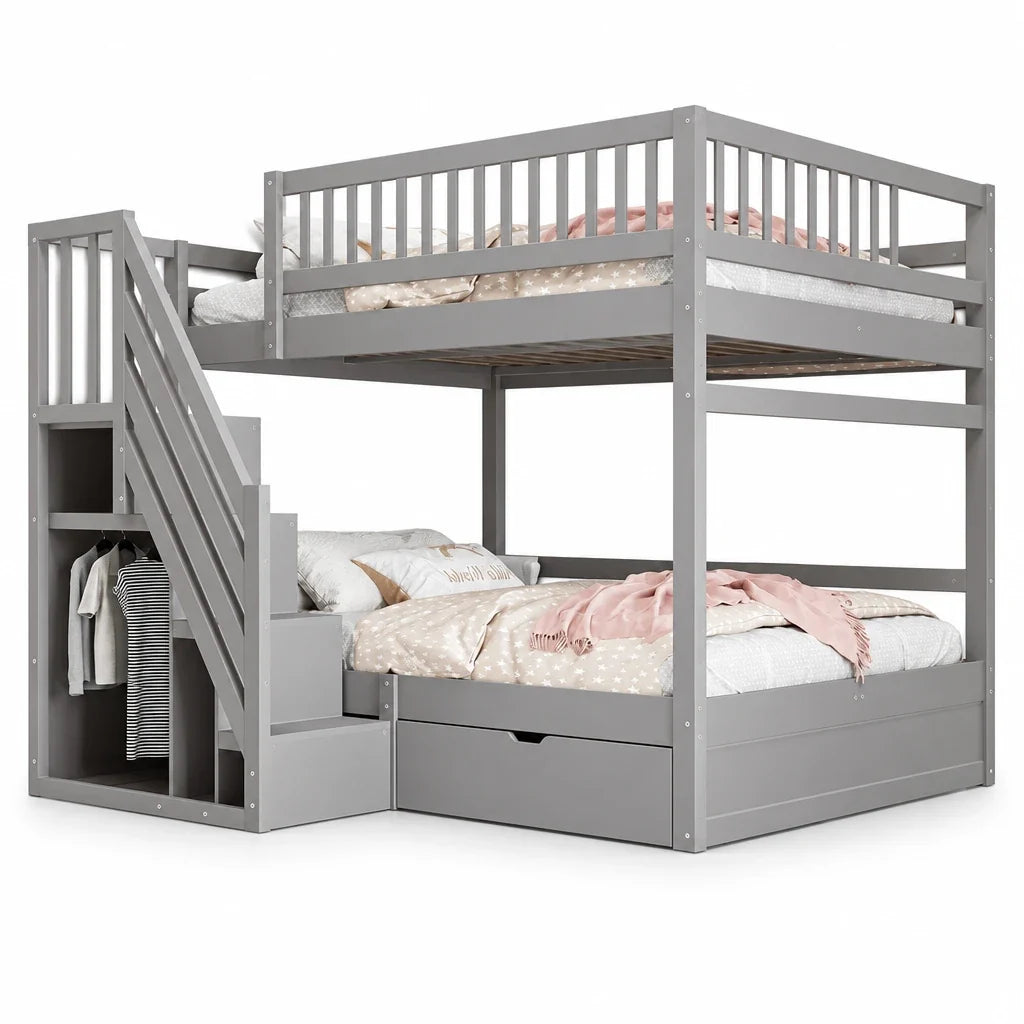 Lit superposé cabane escalier tiroirs 140x200 Lilla Kids