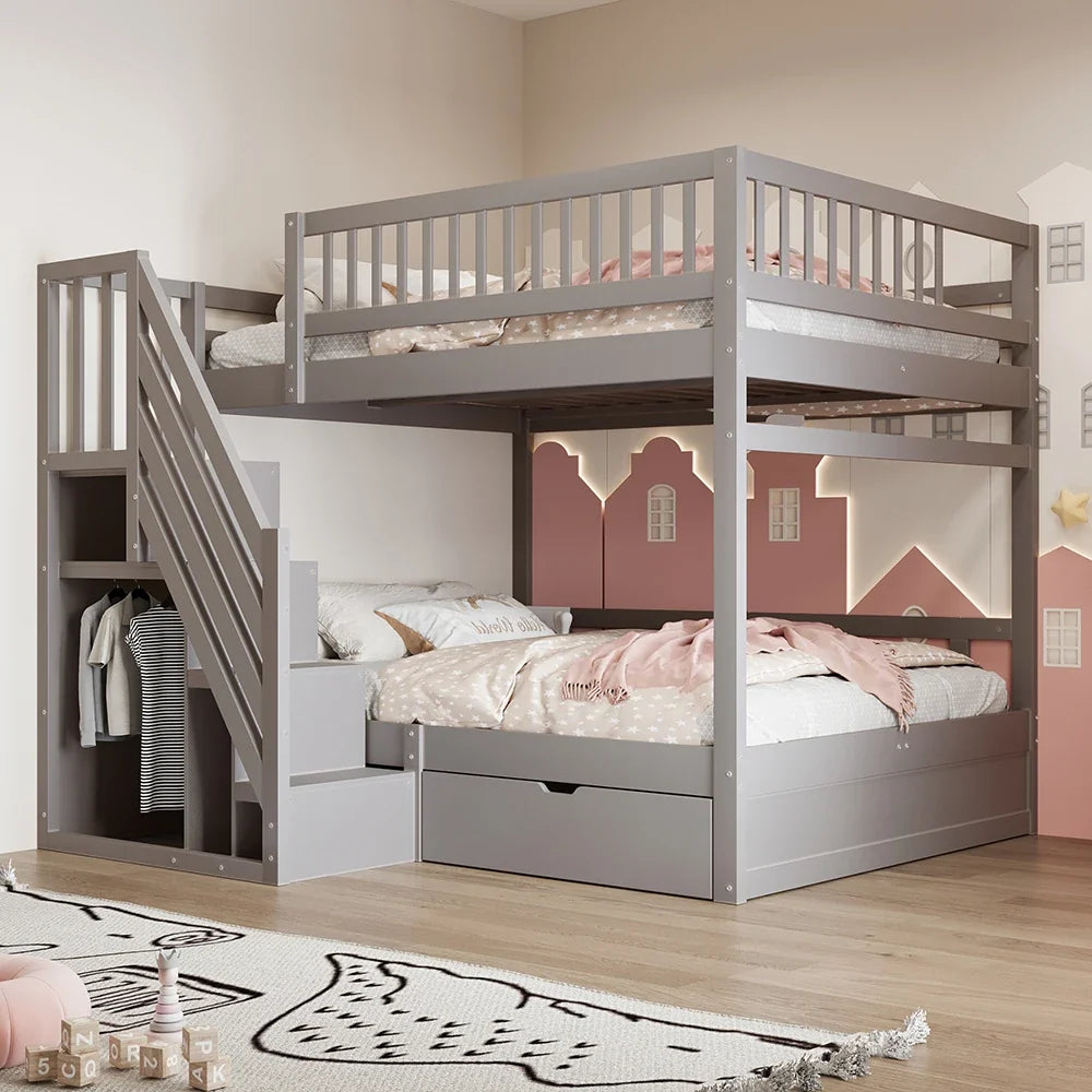 Lit superposé cabane escalier tiroirs 140x200 Lilla Kids