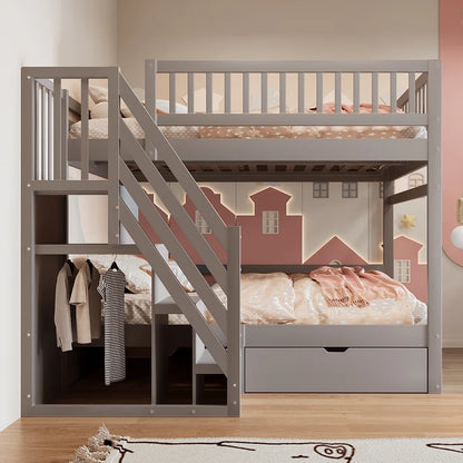 Lit superposé cabane escalier tiroirs 140x200 Lilla Kids