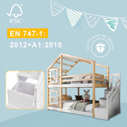 Lit superposé cabane escalier toit tiroirs 90x200 Lilla Kids