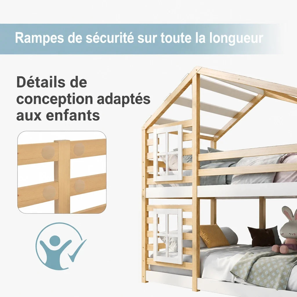Lit superposé cabane escalier toit tiroirs 90x200 Lilla Kids