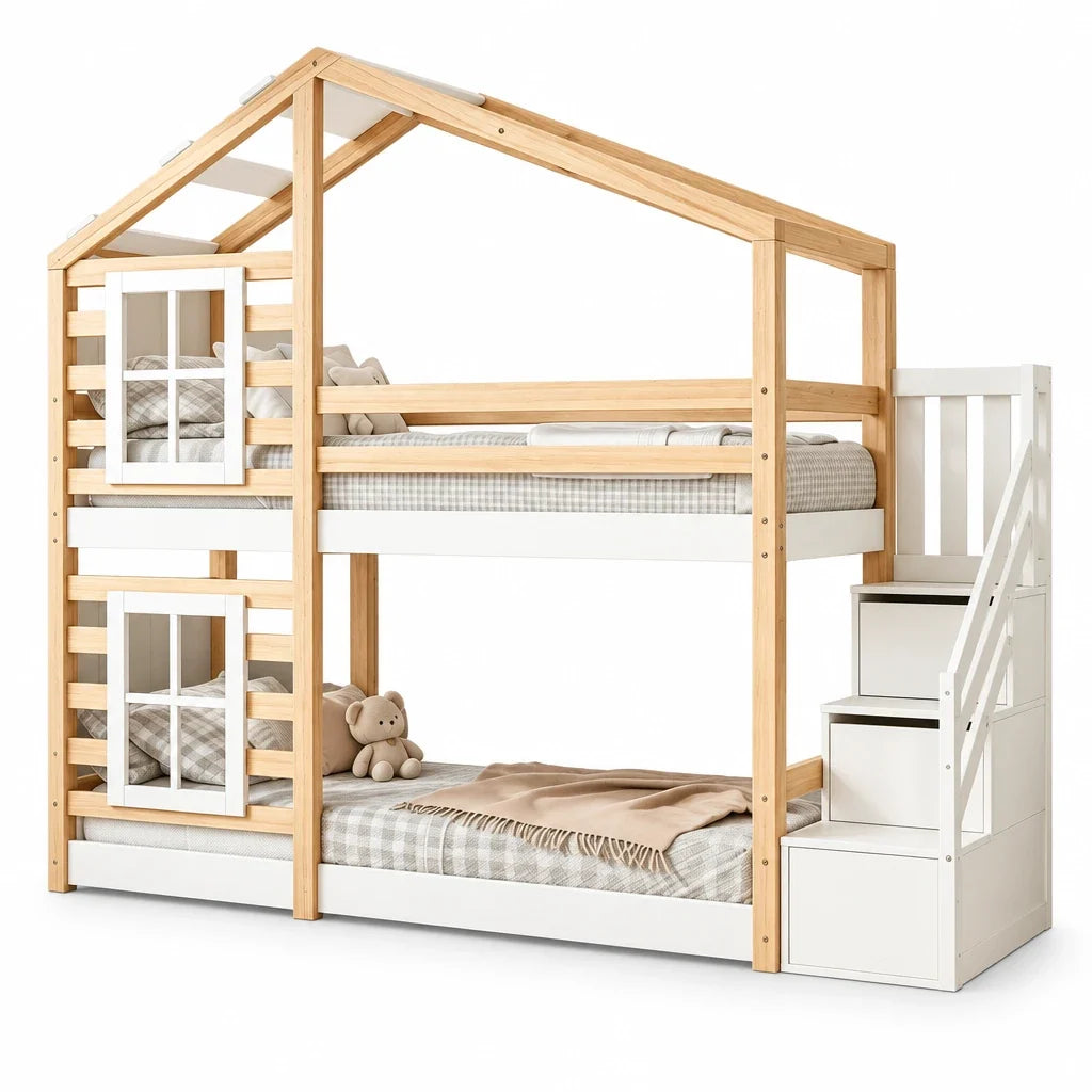 Lit superposé cabane escalier toit tiroirs 90x200 Lilla Kids