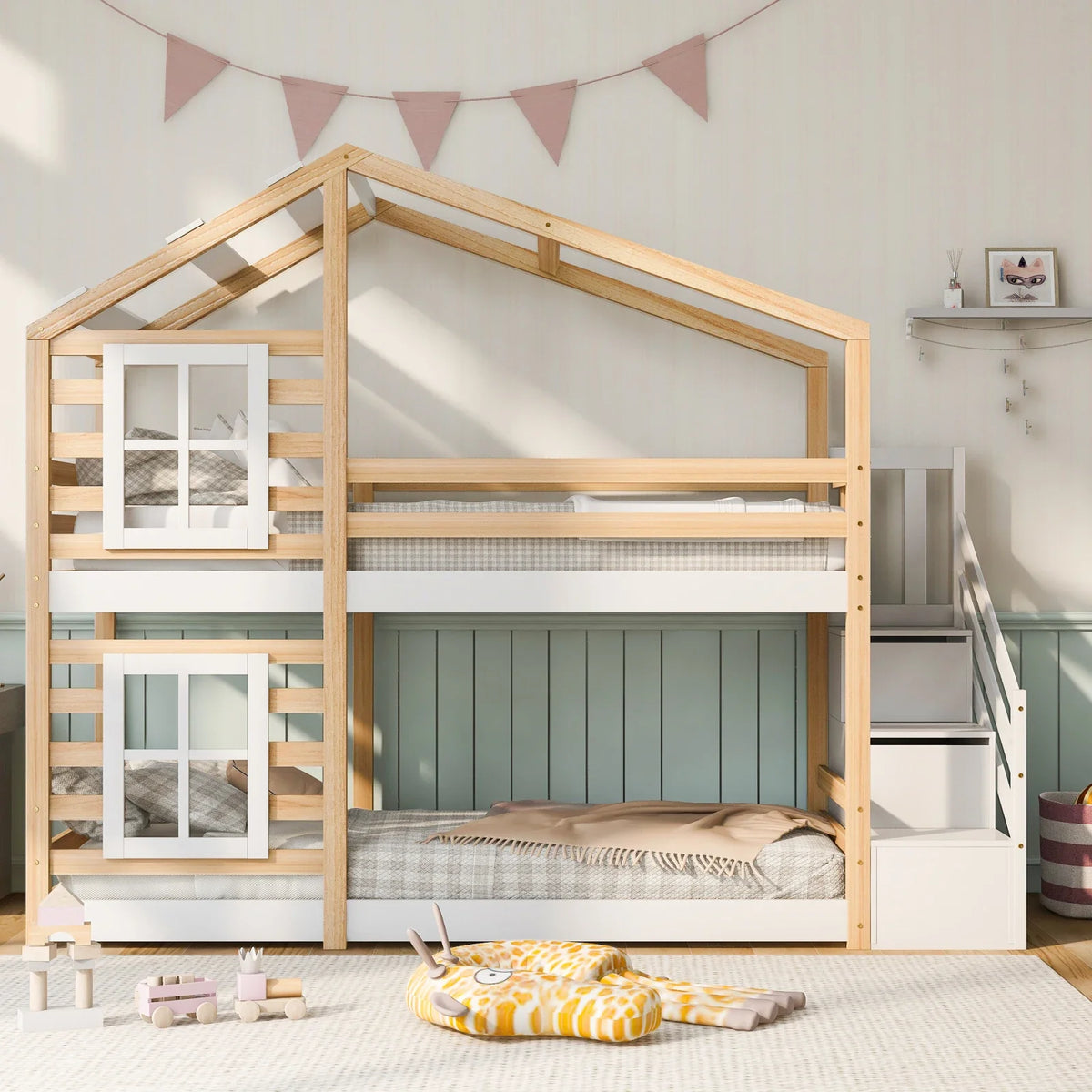 Lit superposé cabane escalier toit tiroirs 90x200 Lilla Kids
