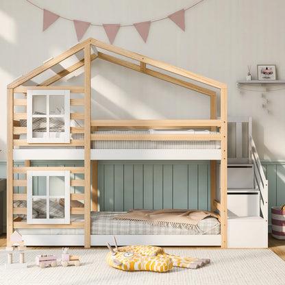 Lit superposé cabane escalier toit tiroirs 90x200 Lilla Kids