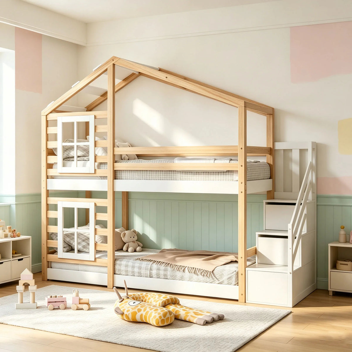 Lit superposé cabane escalier toit tiroirs 90x200 Lilla Kids