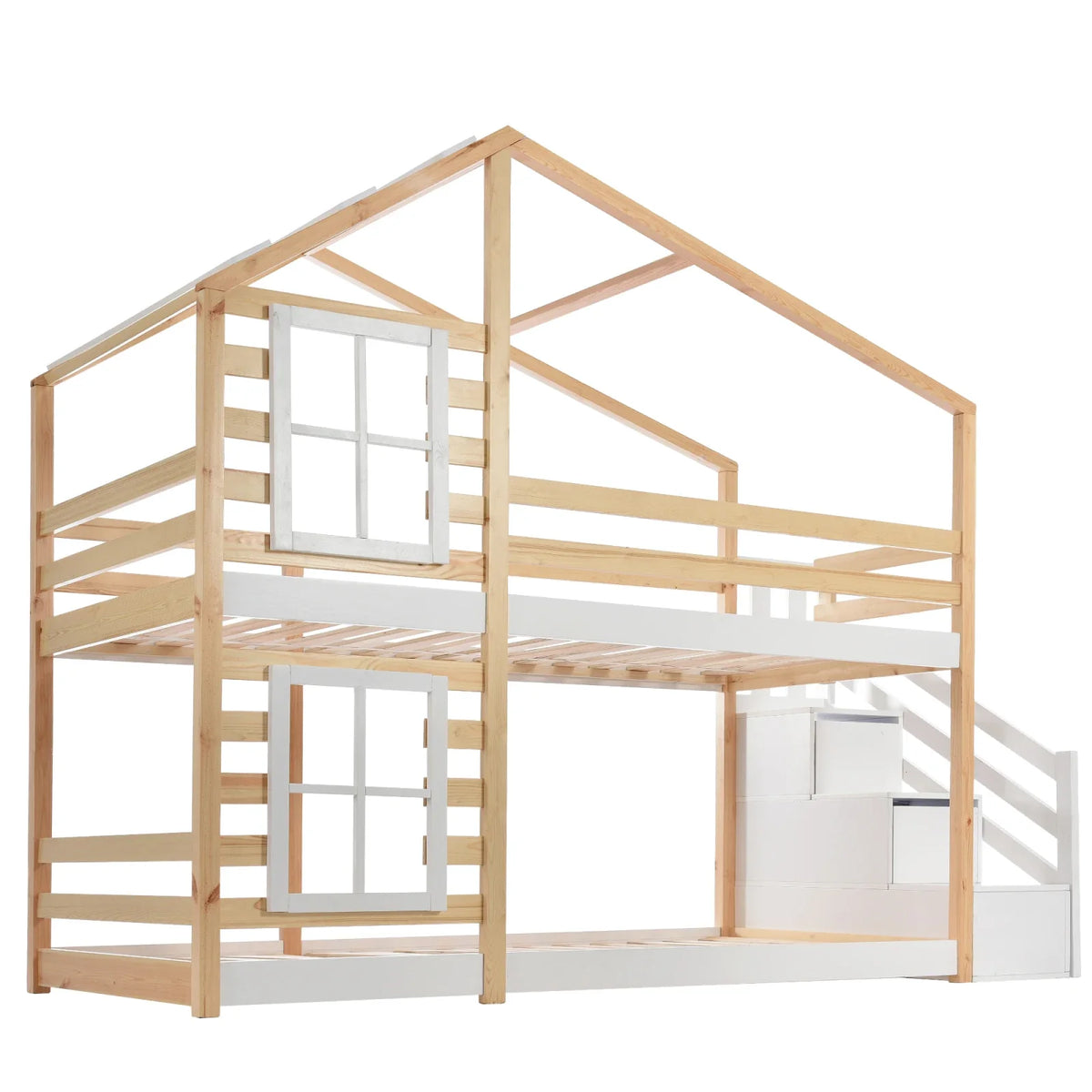 Lit superposé cabane escalier toit tiroirs 90x200 Lilla Kids