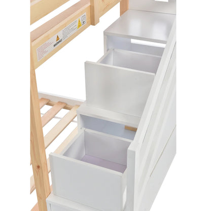 Lit superposé cabane escalier toit tiroirs 90x200 Lilla Kids