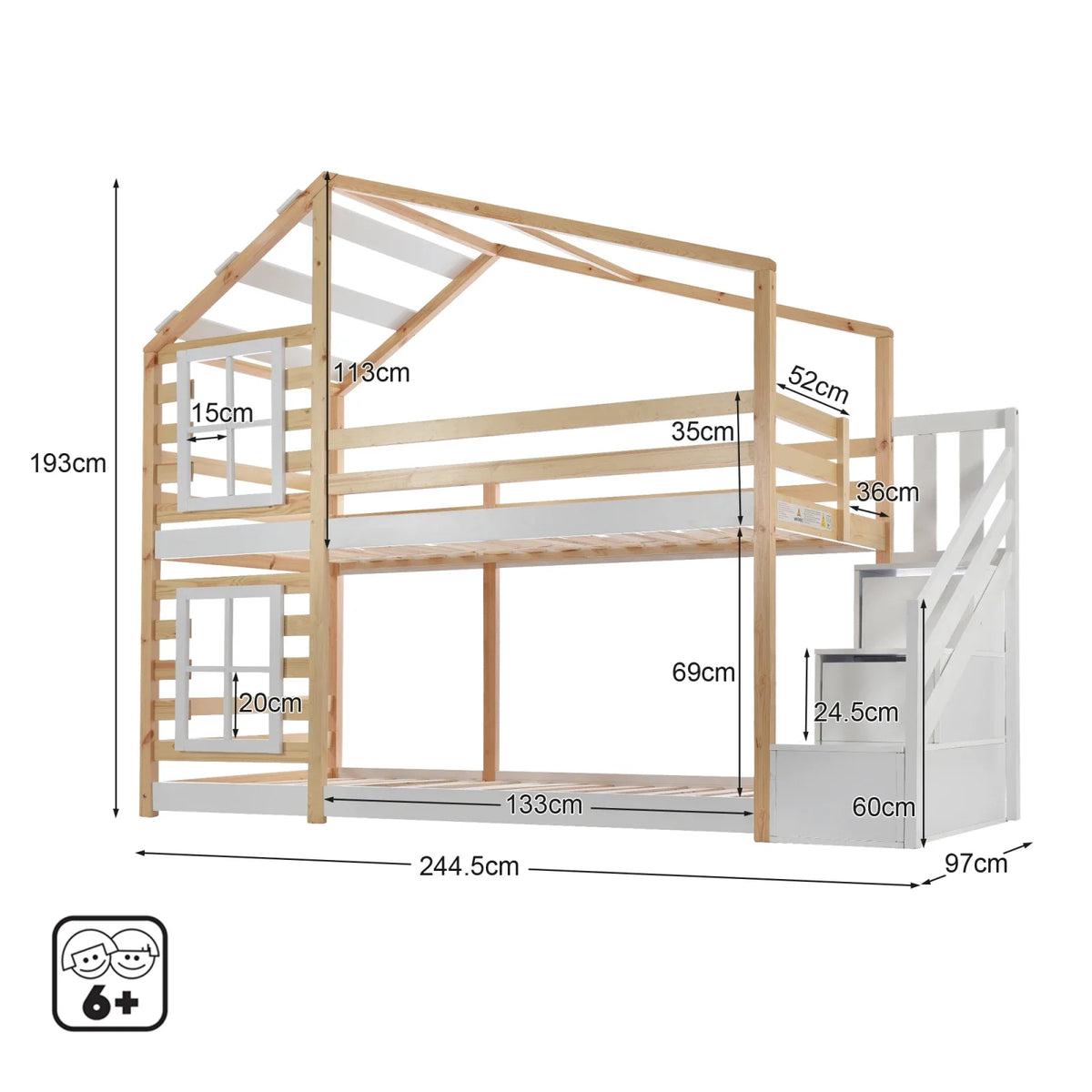 Lit superposé cabane escalier toit tiroirs 90x200 Lilla Kids