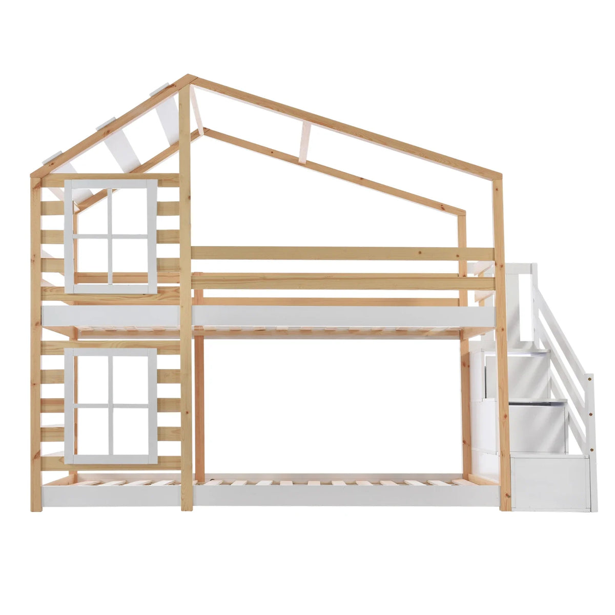 Lit superposé cabane escalier toit tiroirs 90x200 Lilla Kids
