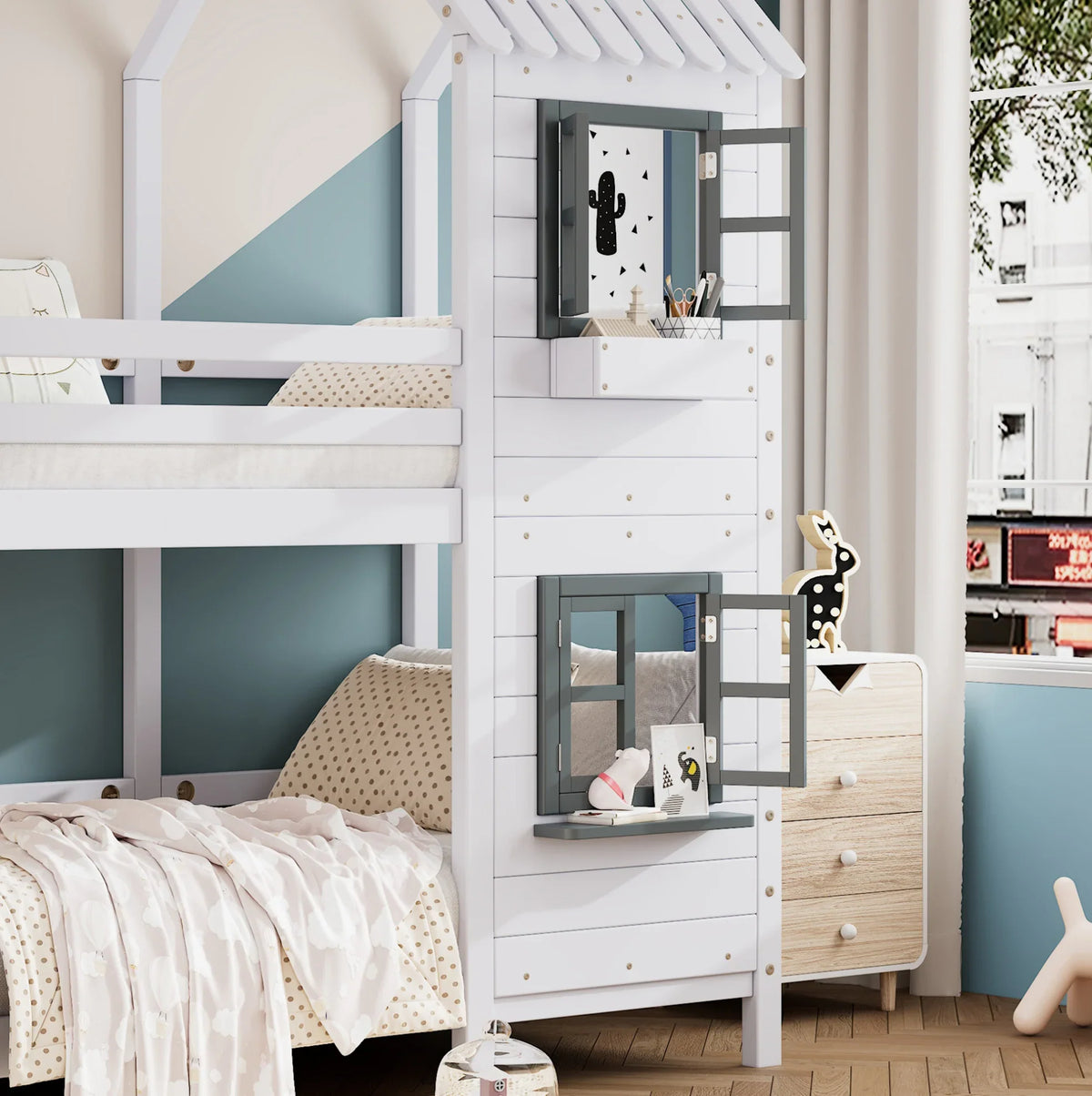 Lit superposé cabane fenêtres en pin blanc 90x200 Lilla Kids