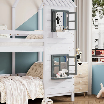 Lit superposé cabane fenêtres en pin blanc 90x200 Lilla Kids