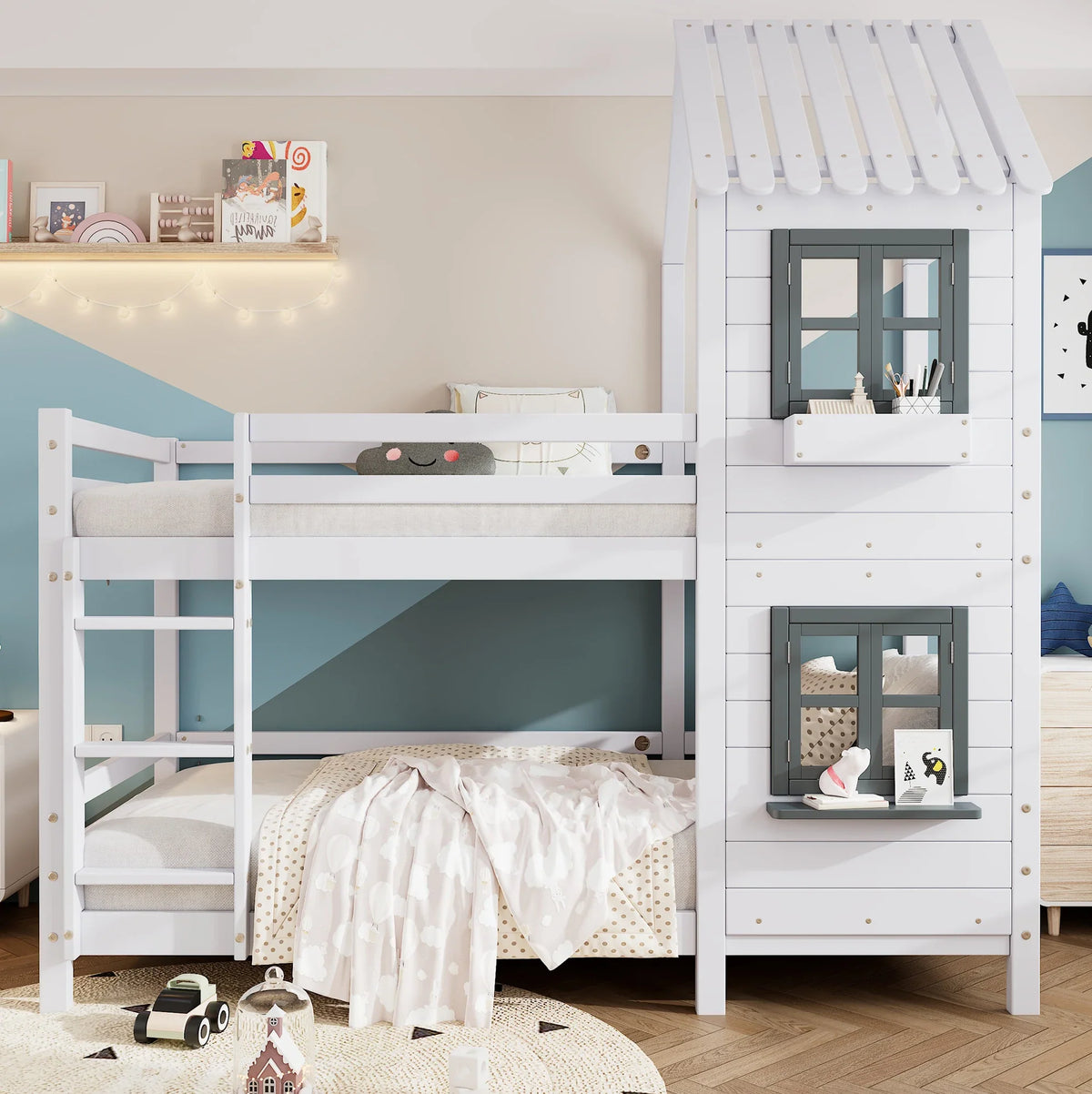 Lit superposé cabane fenêtres en pin blanc 90x200 Lilla Kids