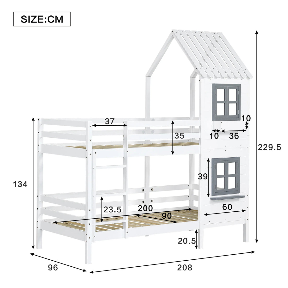 Lit superposé cabane fenêtres en pin blanc 90x200 Lilla Kids