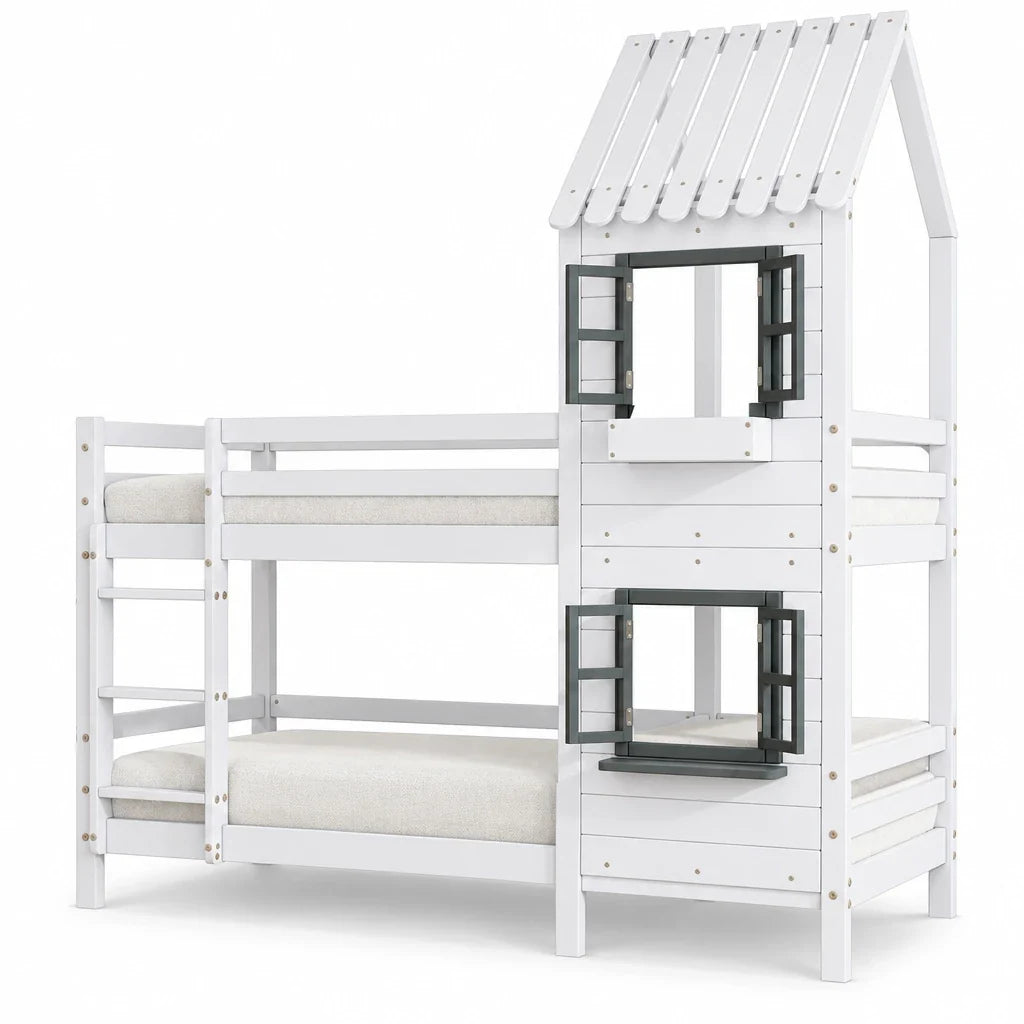 Lit superposé cabane fenêtres en pin blanc 90x200 Lilla Kids