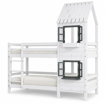 Lit superposé cabane fenêtres en pin blanc 90x200 Lilla Kids