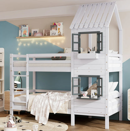Lit superposé cabane fenêtres en pin blanc 90x200 Lilla Kids