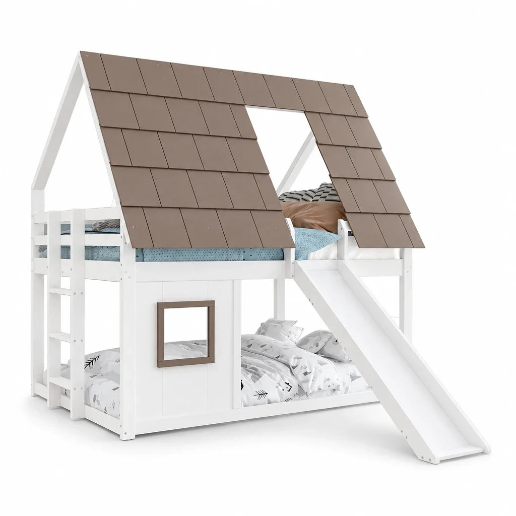 Lit superposé cabane toboggan blanc et brun 90/140 Lilla Kids