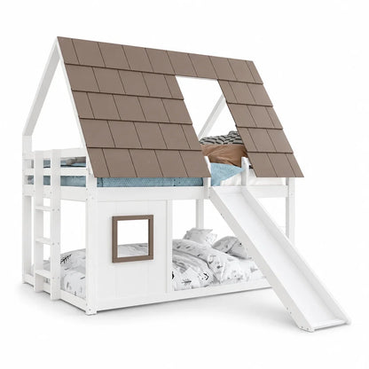 Lit superposé cabane toboggan blanc et brun 90/140 Lilla Kids