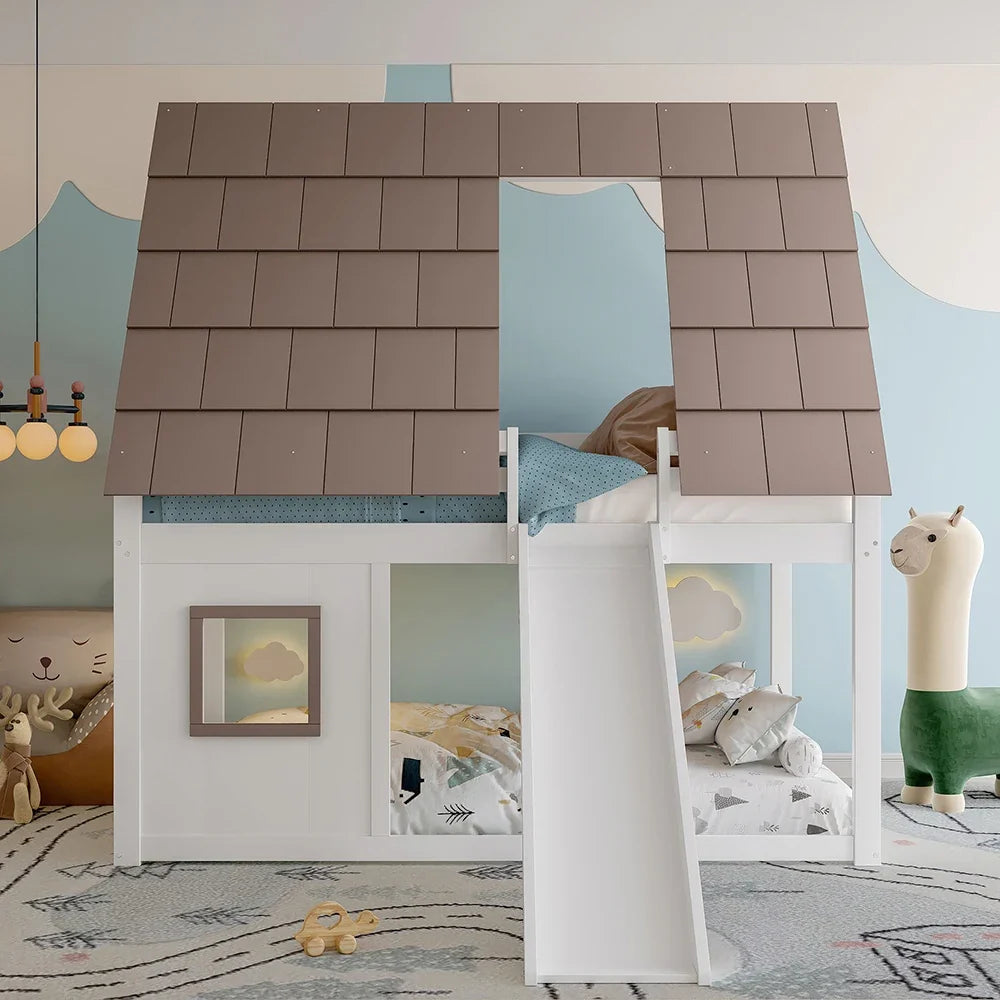 Lit superposé cabane toboggan blanc et brun 90/140 Lilla Kids