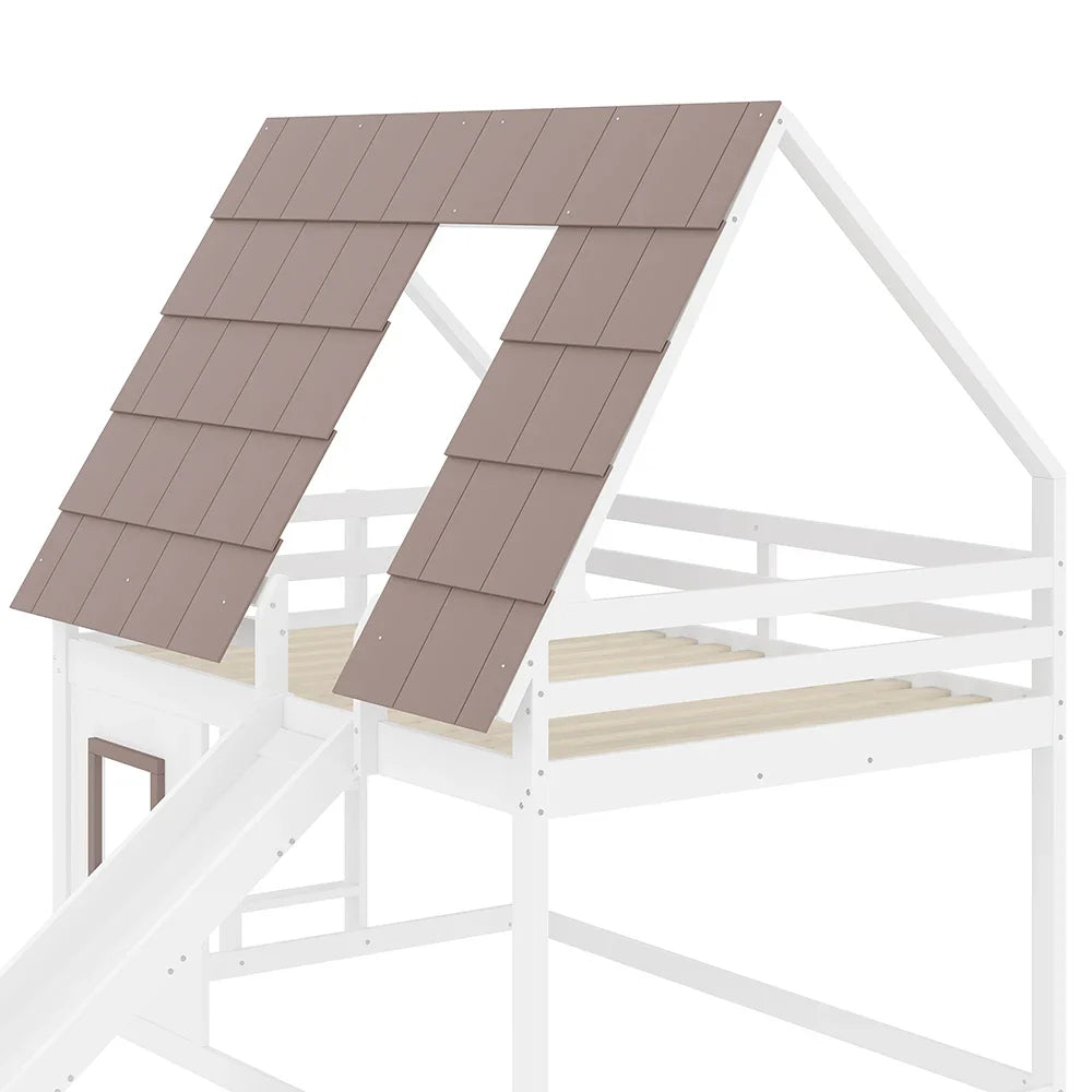 Lit superposé cabane toboggan blanc et brun 90/140 Lilla Kids