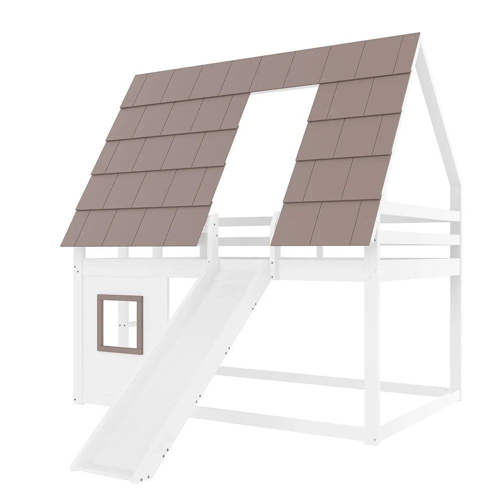 Lit superposé cabane toboggan blanc et brun 90/140 Lilla Kids