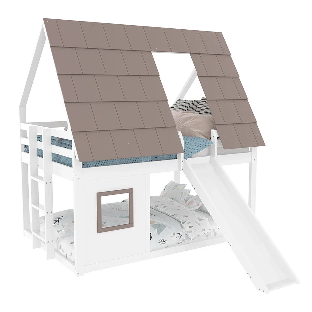 Lit superposé cabane toboggan blanc et brun 90/140 Lilla Kids