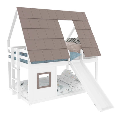 Lit superposé cabane toboggan blanc et brun 90/140 Lilla Kids
