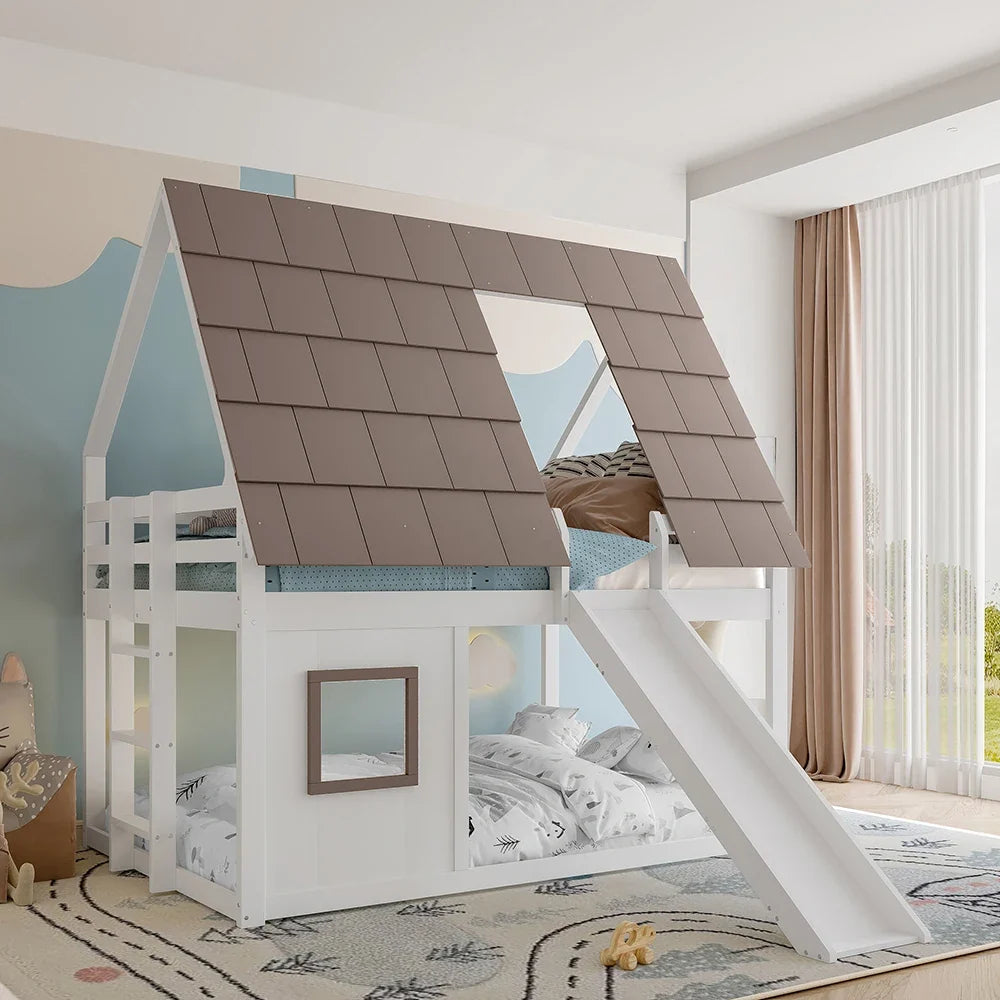 Lit superposé cabane toboggan blanc et brun 90/140 Lilla Kids