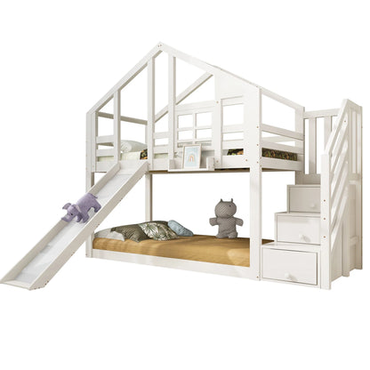 Lit superposé cabane toboggan fenêtre 90x200 Lilla Kids