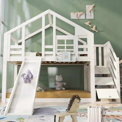 Lit superposé cabane toboggan fenêtre 90x200 Lilla Kids